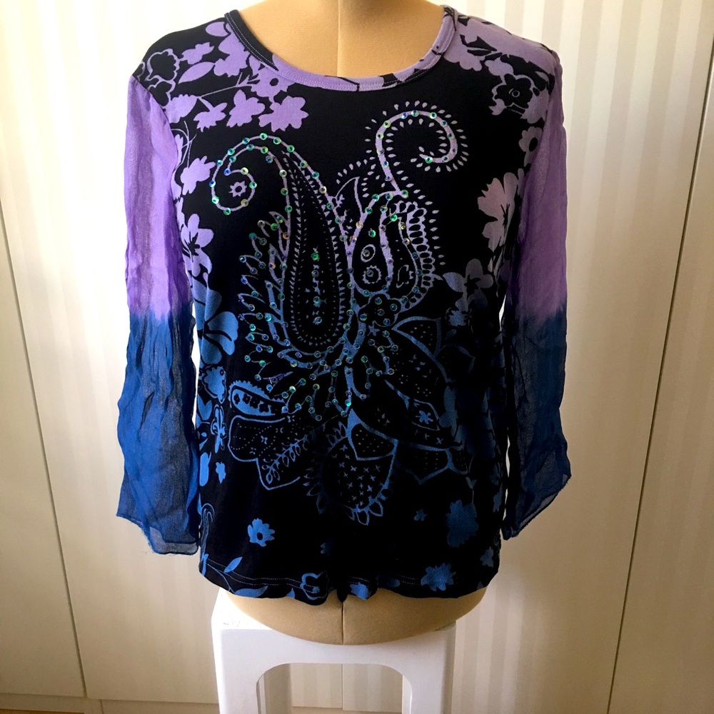 Papa blue purple black paisley sequins long sheer sleeves tee Size L